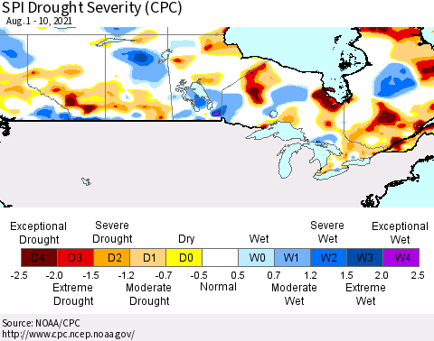 Canada SPI Drought Severity (CPC) Thematic Map For 8/1/2021 - 8/10/2021