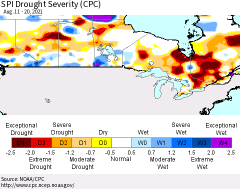 Canada SPI Drought Severity (CPC) Thematic Map For 8/11/2021 - 8/20/2021