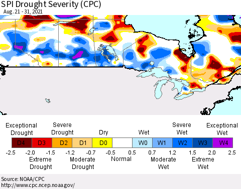Canada SPI Drought Severity (CPC) Thematic Map For 8/21/2021 - 8/31/2021
