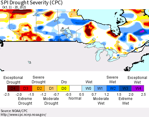 Canada SPI Drought Severity (CPC) Thematic Map For 10/11/2021 - 10/20/2021