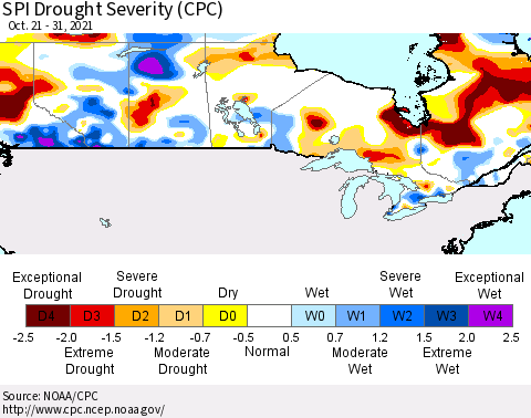 Canada SPI Drought Severity (CPC) Thematic Map For 10/21/2021 - 10/31/2021