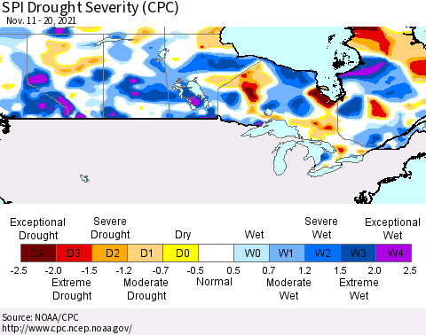 Canada SPI Drought Severity (CPC) Thematic Map For 11/11/2021 - 11/20/2021