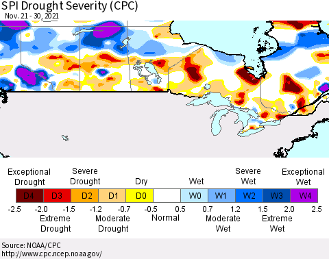 Canada SPI Drought Severity (CPC) Thematic Map For 11/21/2021 - 11/30/2021