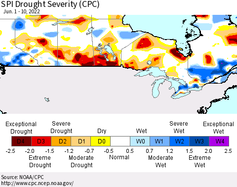 Canada SPI Drought Severity (CPC) Thematic Map For 6/1/2022 - 6/10/2022