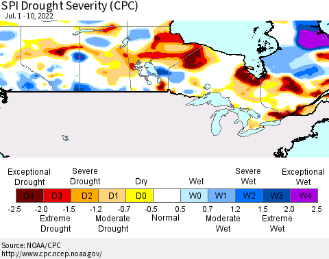 Canada SPI Drought Severity (CPC) Thematic Map For 7/1/2022 - 7/10/2022