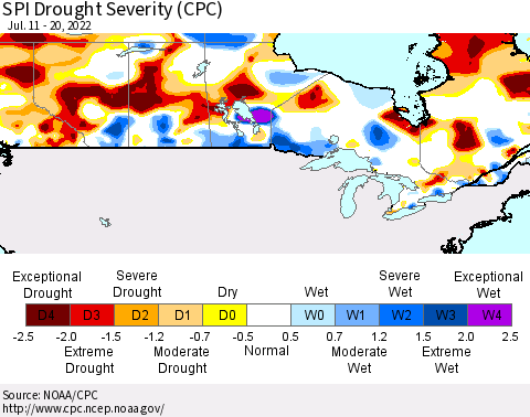 Canada SPI Drought Severity (CPC) Thematic Map For 7/11/2022 - 7/20/2022