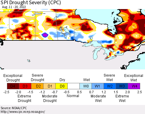 Canada SPI Drought Severity (CPC) Thematic Map For 8/11/2022 - 8/20/2022