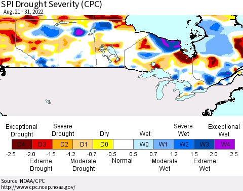 Canada SPI Drought Severity (CPC) Thematic Map For 8/21/2022 - 8/31/2022
