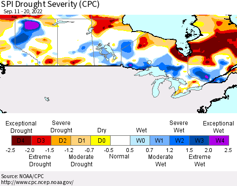 Canada SPI Drought Severity (CPC) Thematic Map For 9/11/2022 - 9/20/2022