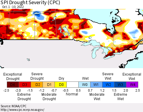 Canada SPI Drought Severity (CPC) Thematic Map For 10/1/2022 - 10/10/2022
