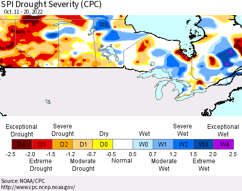 Canada SPI Drought Severity (CPC) Thematic Map For 10/11/2022 - 10/20/2022