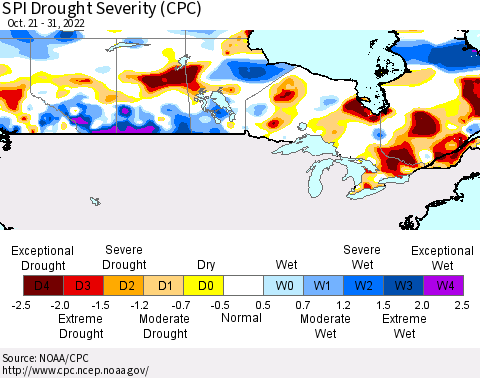 Canada SPI Drought Severity (CPC) Thematic Map For 10/21/2022 - 10/31/2022