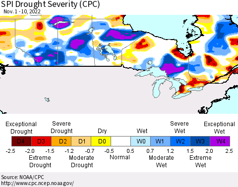 Canada SPI Drought Severity (CPC) Thematic Map For 11/1/2022 - 11/10/2022