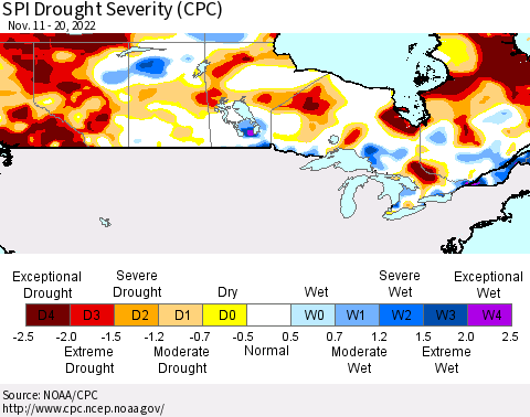 Canada SPI Drought Severity (CPC) Thematic Map For 11/11/2022 - 11/20/2022