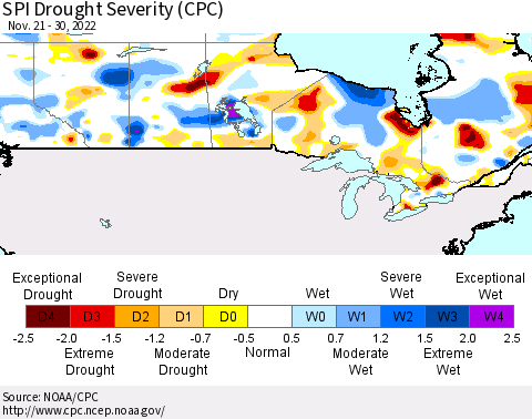 Canada SPI Drought Severity (CPC) Thematic Map For 11/21/2022 - 11/30/2022