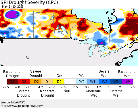 Canada SPI Drought Severity (CPC) Thematic Map For 5/1/2023 - 5/10/2023