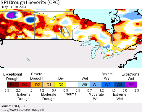 Canada SPI Drought Severity (CPC) Thematic Map For 5/11/2023 - 5/20/2023