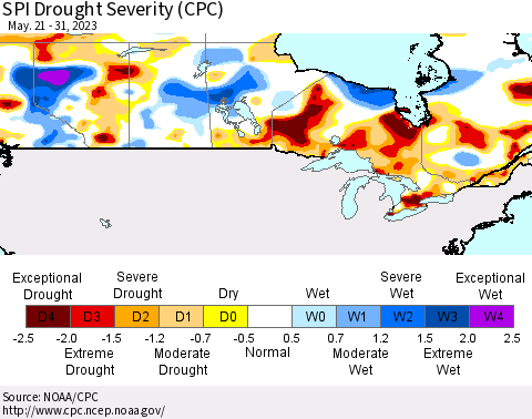 Canada SPI Drought Severity (CPC) Thematic Map For 5/21/2023 - 5/31/2023