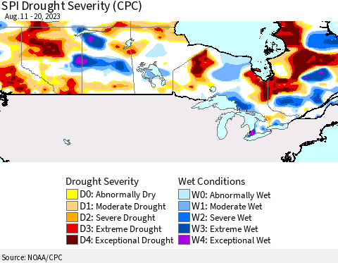Canada SPI Drought Severity (CPC) Thematic Map For 8/11/2023 - 8/20/2023