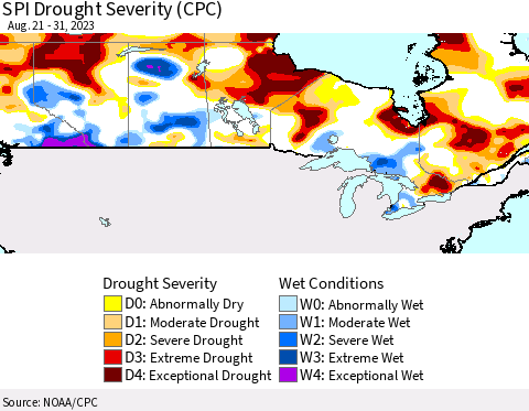 Canada SPI Drought Severity (CPC) Thematic Map For 8/21/2023 - 8/31/2023