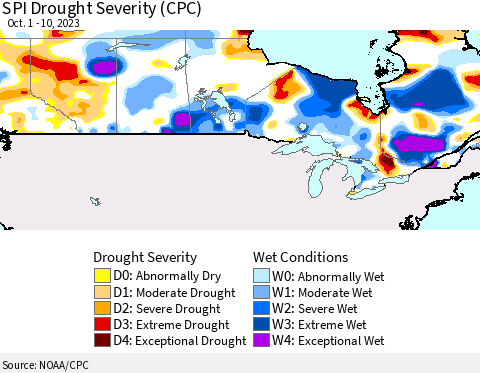 Canada SPI Drought Severity (CPC) Thematic Map For 10/1/2023 - 10/10/2023