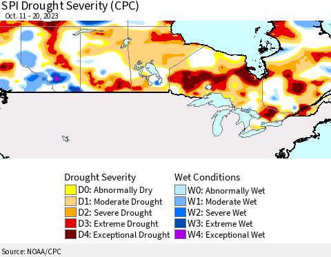 Canada SPI Drought Severity (CPC) Thematic Map For 10/11/2023 - 10/20/2023