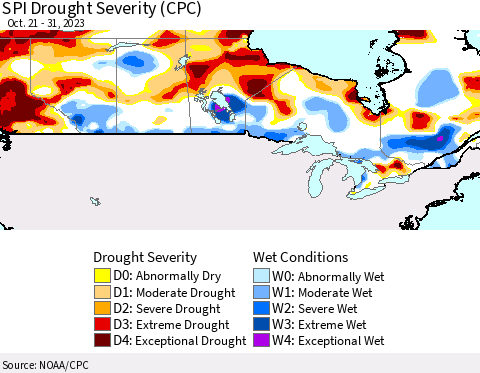 Canada SPI Drought Severity (CPC) Thematic Map For 10/21/2023 - 10/31/2023
