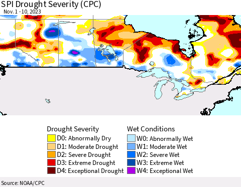 Canada SPI Drought Severity (CPC) Thematic Map For 11/1/2023 - 11/10/2023
