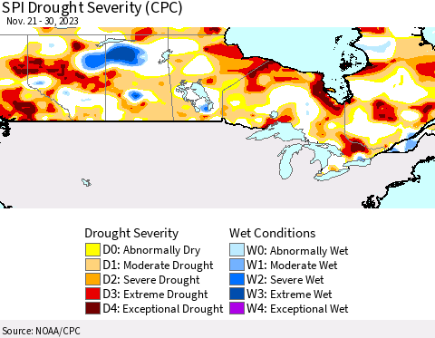 Canada SPI Drought Severity (CPC) Thematic Map For 11/21/2023 - 11/30/2023