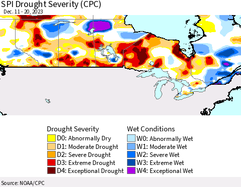 Canada SPI Drought Severity (CPC) Thematic Map For 12/11/2023 - 12/20/2023