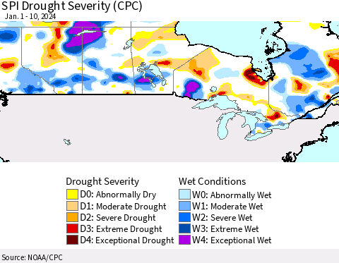 Canada SPI Drought Severity (CPC) Thematic Map For 1/1/2024 - 1/10/2024