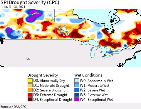 Canada SPI Drought Severity (CPC) Thematic Map For 1/21/2024 - 1/31/2024