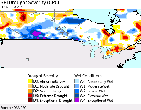 Canada SPI Drought Severity (CPC) Thematic Map For 2/1/2024 - 2/10/2024