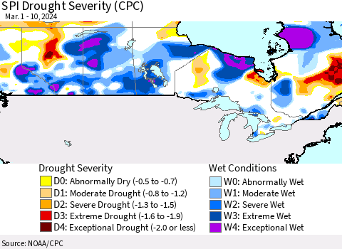 Canada SPI Drought Severity (CPC) Thematic Map For 3/1/2024 - 3/10/2024
