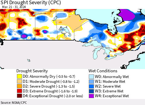 Canada SPI Drought Severity (CPC) Thematic Map For 3/21/2024 - 3/31/2024