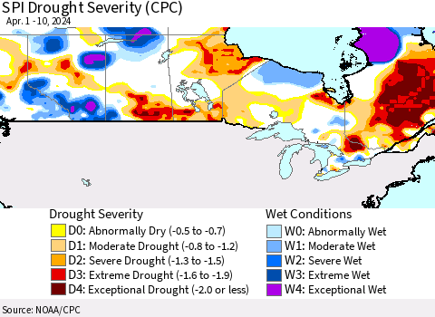 Canada SPI Drought Severity (CPC) Thematic Map For 4/1/2024 - 4/10/2024