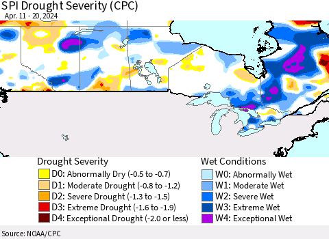 Canada SPI Drought Severity (CPC) Thematic Map For 4/11/2024 - 4/20/2024