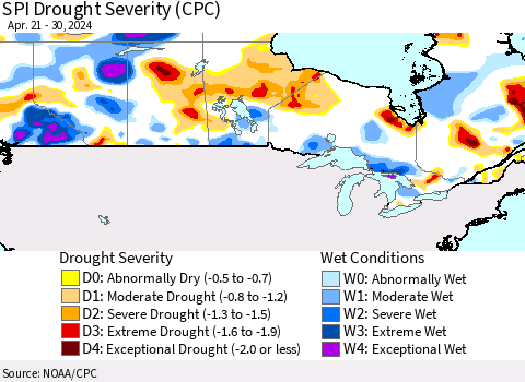 Canada SPI Drought Severity (CPC) Thematic Map For 4/21/2024 - 4/30/2024