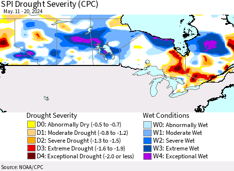 Canada SPI Drought Severity (CPC) Thematic Map For 5/11/2024 - 5/20/2024