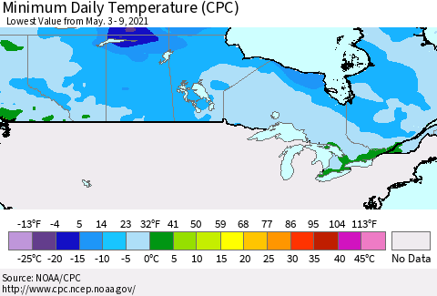 Canada Minimum Daily Temperature (CPC) Thematic Map For 5/3/2021 - 5/9/2021