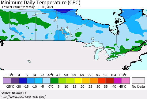Canada Minimum Daily Temperature (CPC) Thematic Map For 5/10/2021 - 5/16/2021