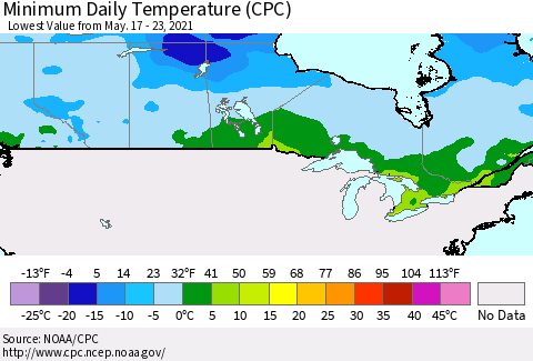 Canada Minimum Daily Temperature (CPC) Thematic Map For 5/17/2021 - 5/23/2021