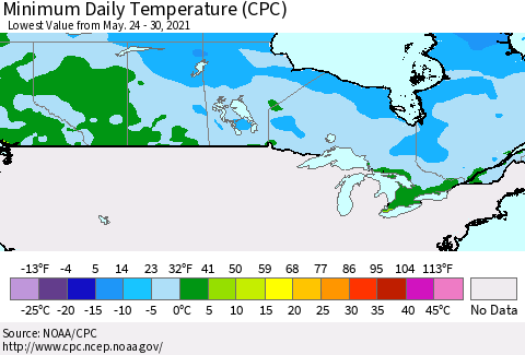 Canada Minimum Daily Temperature (CPC) Thematic Map For 5/24/2021 - 5/30/2021