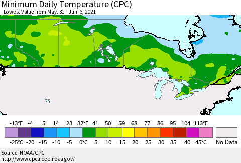 Canada Minimum Daily Temperature (CPC) Thematic Map For 5/31/2021 - 6/6/2021