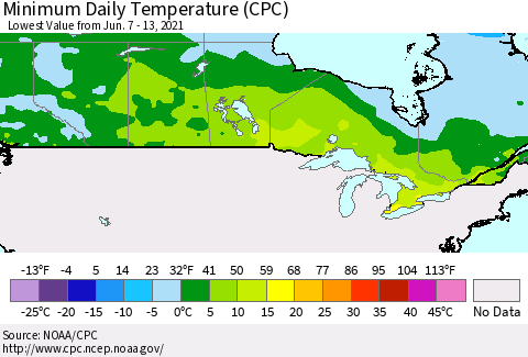 Canada Minimum Daily Temperature (CPC) Thematic Map For 6/7/2021 - 6/13/2021