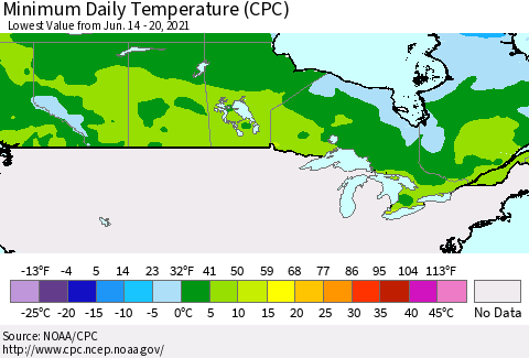 Canada Minimum Daily Temperature (CPC) Thematic Map For 6/14/2021 - 6/20/2021