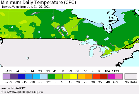 Canada Minimum Daily Temperature (CPC) Thematic Map For 6/21/2021 - 6/27/2021