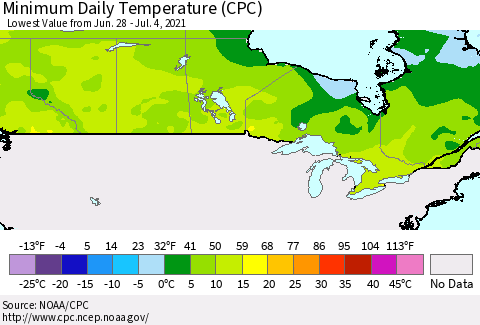 Canada Minimum Daily Temperature (CPC) Thematic Map For 6/28/2021 - 7/4/2021