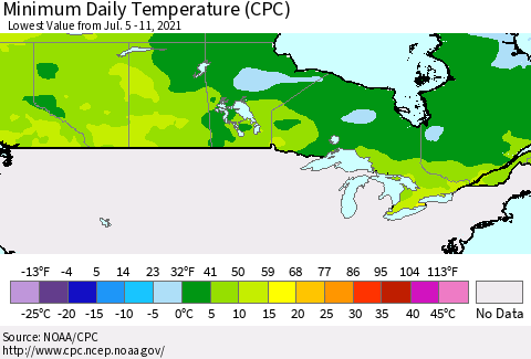 Canada Minimum Daily Temperature (CPC) Thematic Map For 7/5/2021 - 7/11/2021