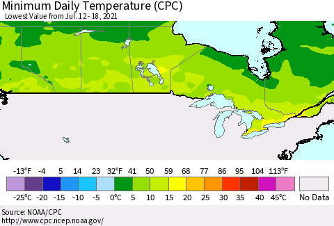Canada Minimum Daily Temperature (CPC) Thematic Map For 7/12/2021 - 7/18/2021